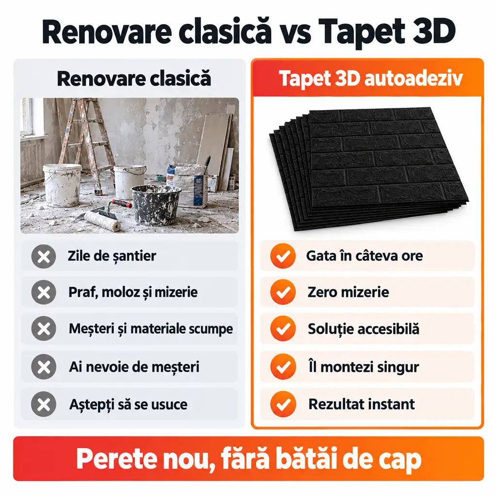 Renovare clasică vs tapet 3D autoadeziv negru
