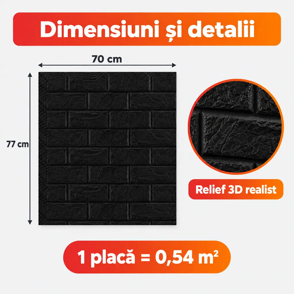 Dimensiuni placă tapet 3D negru 70x77 cm, 0,54 m²