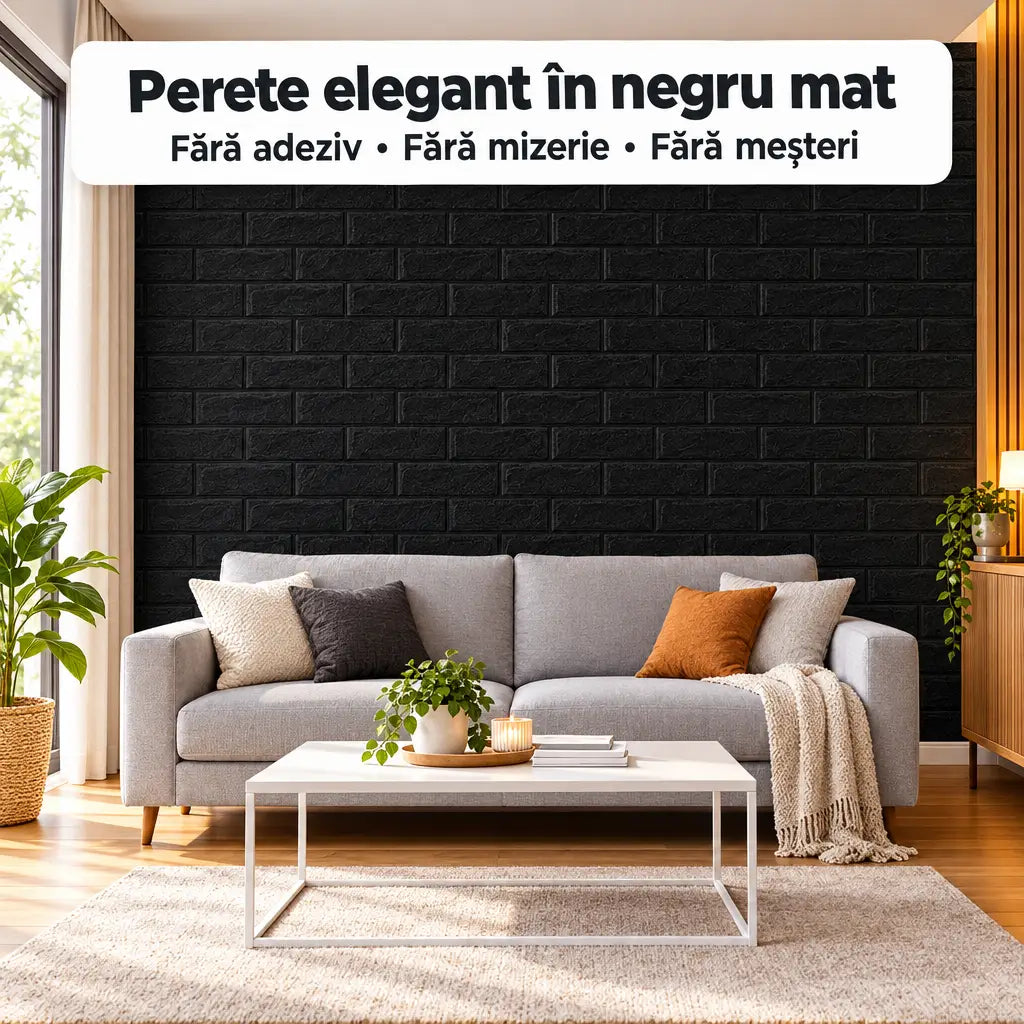 Tapet 3D autoadeziv cărămidă negru mat în living modern