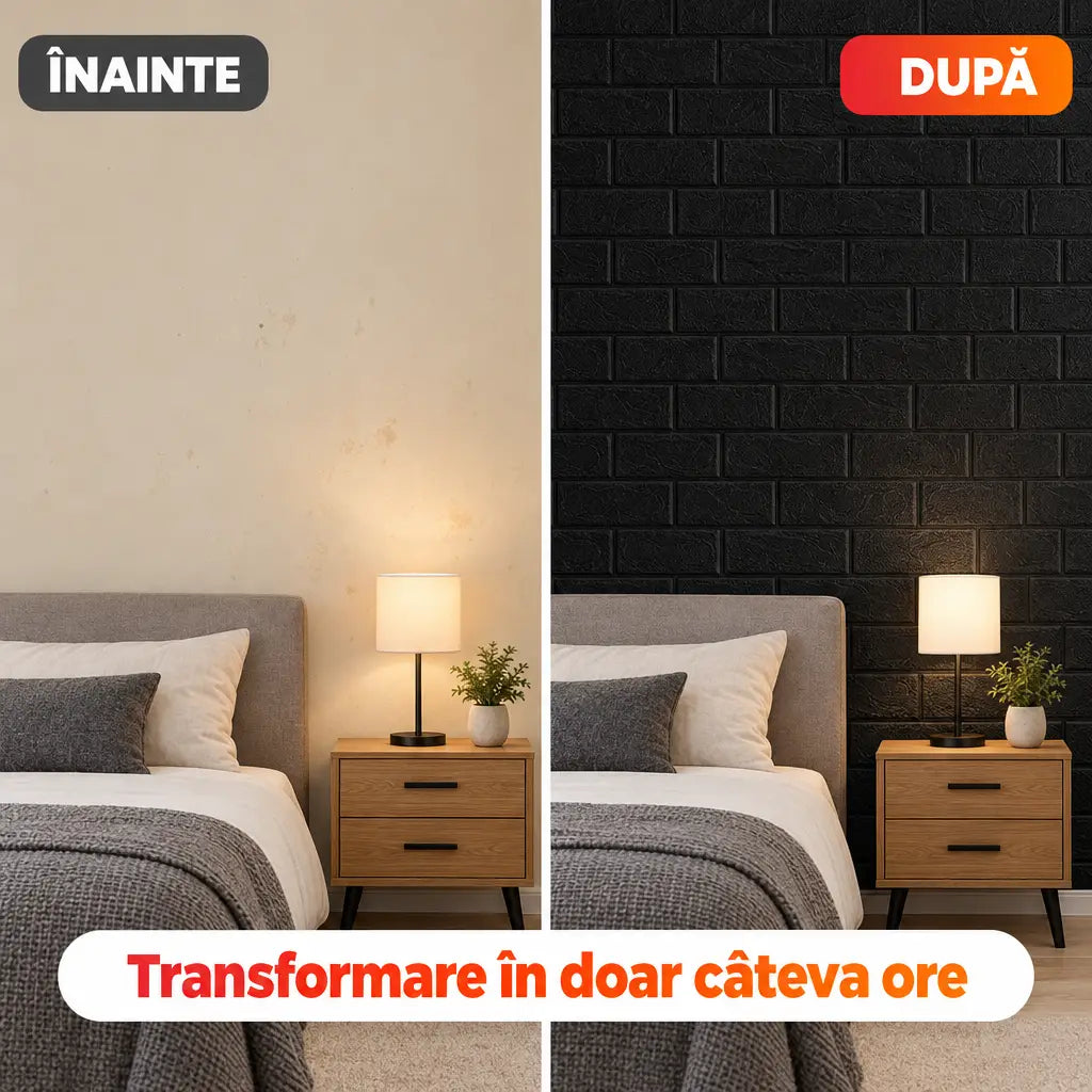 Înainte și după montaj tapet 3D cărămidă negru în dormitor