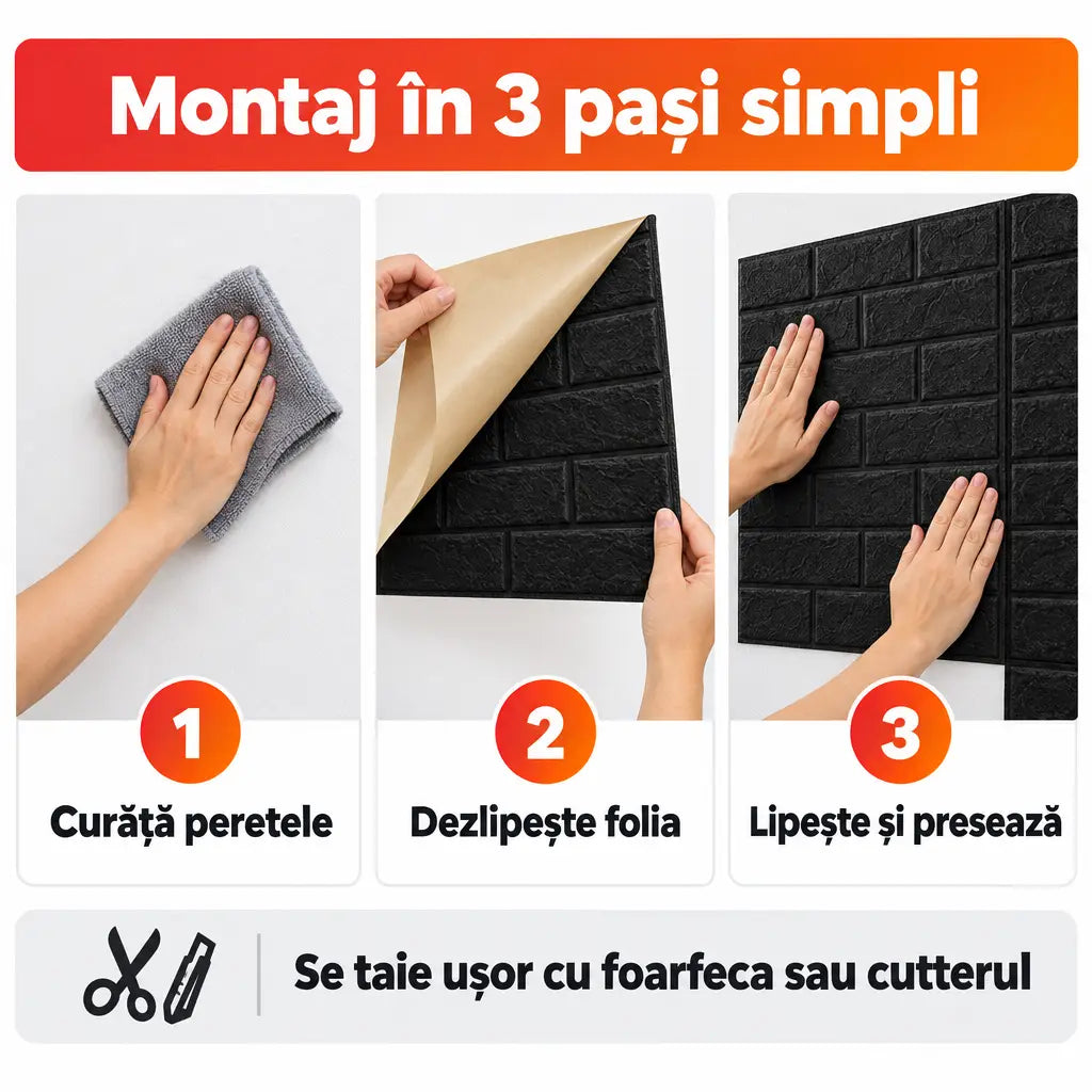 Montaj tapet 3D autoadeziv în 3 pași simpli