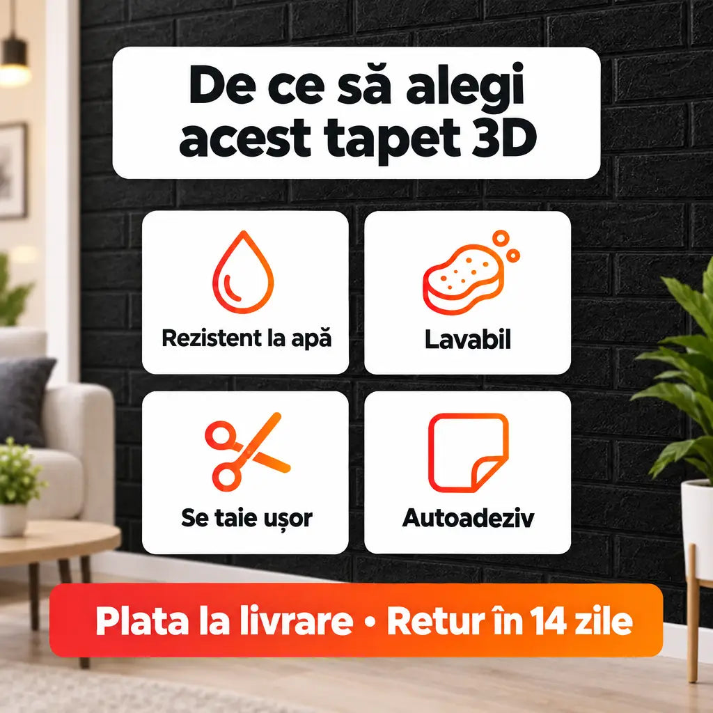 Beneficii tapet 3D negru: rezistent la apă, lavabil, se taie ușor, autoadeziv