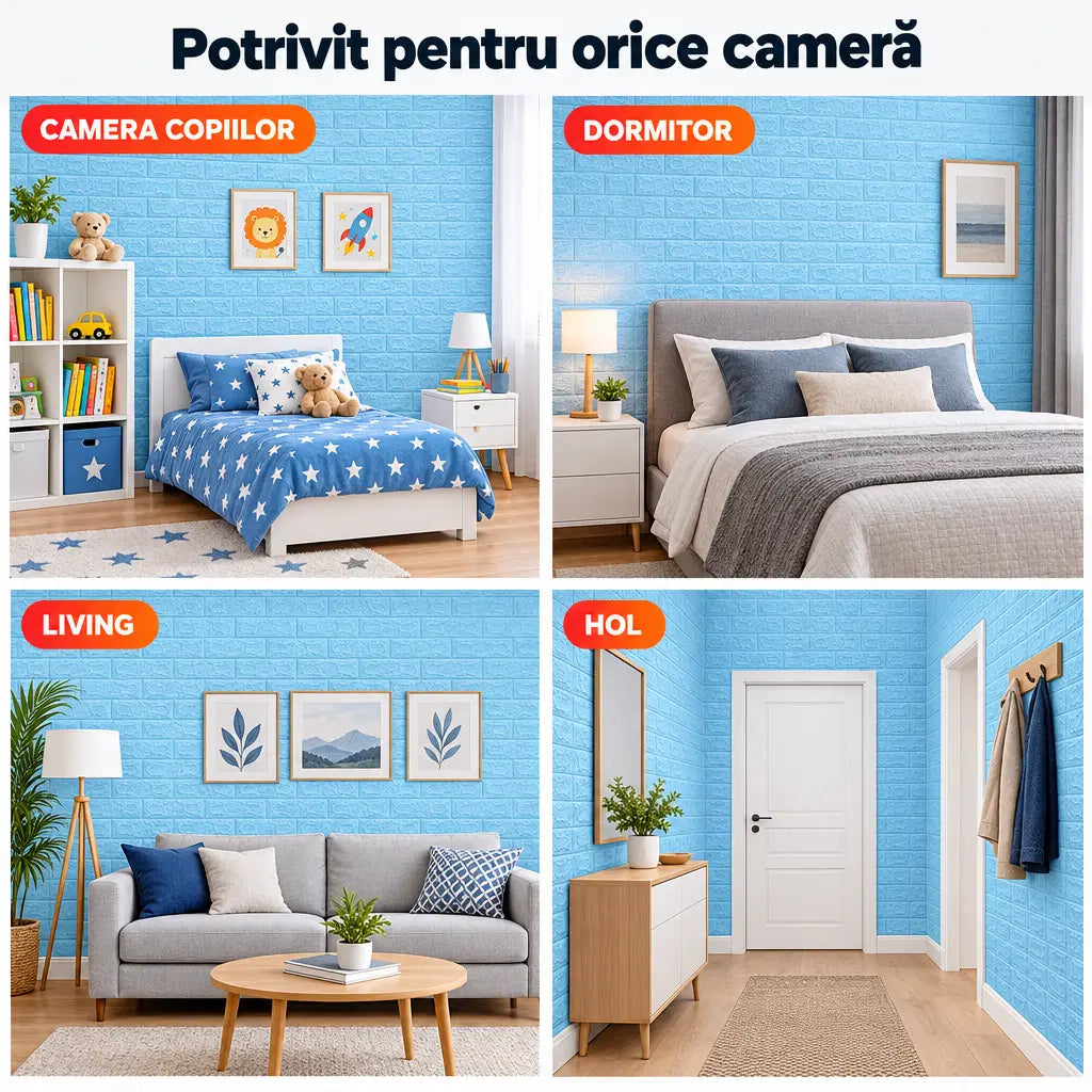 Tapet 3D cărămidă albastru în camera copiilor, dormitor, living și hol