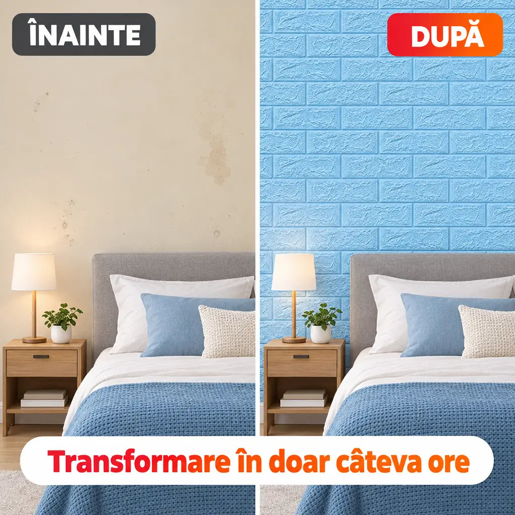 Înainte și după montaj tapet 3D cărămidă albastru în dormitor