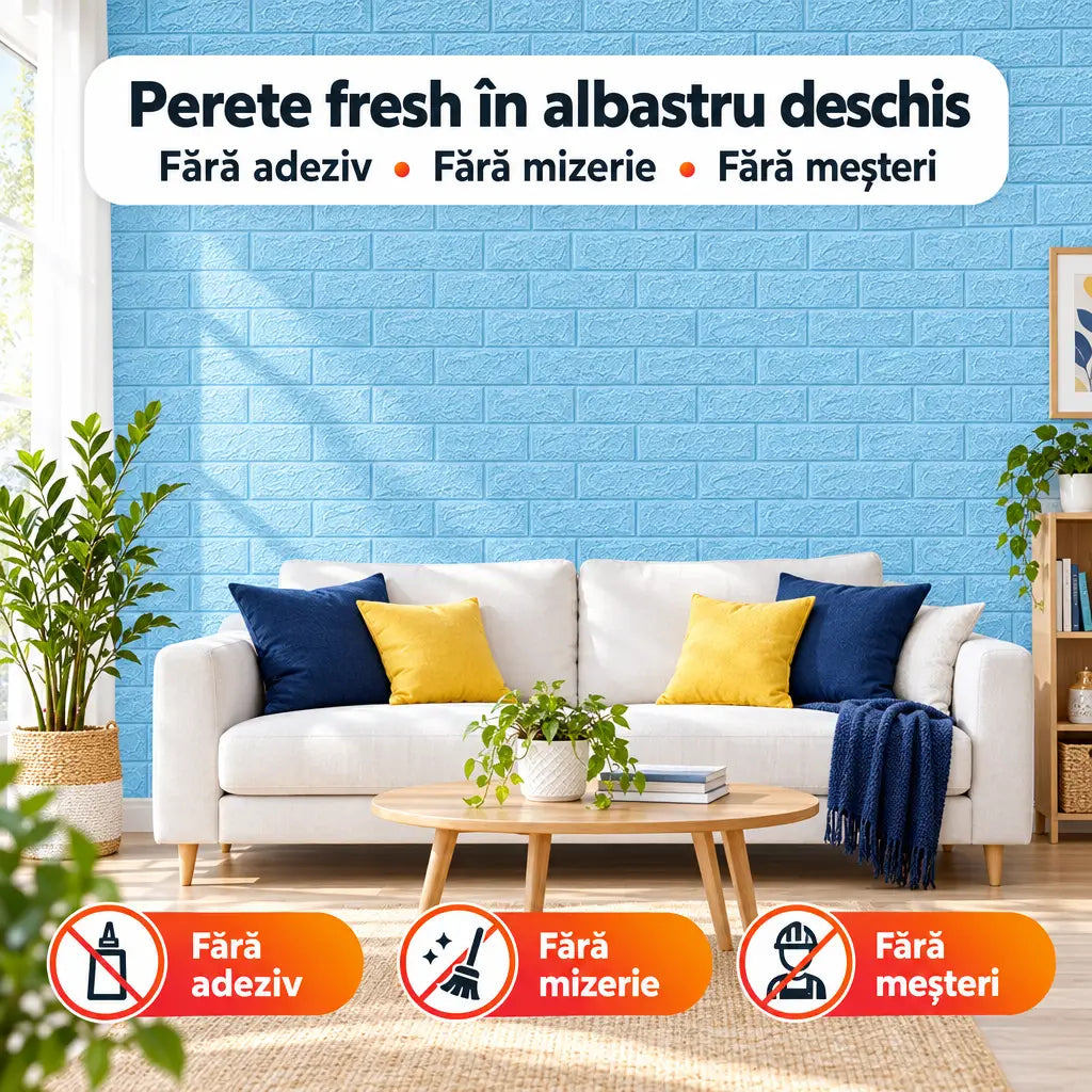 Tapet 3D autoadeziv cărămidă albastru deschis în living