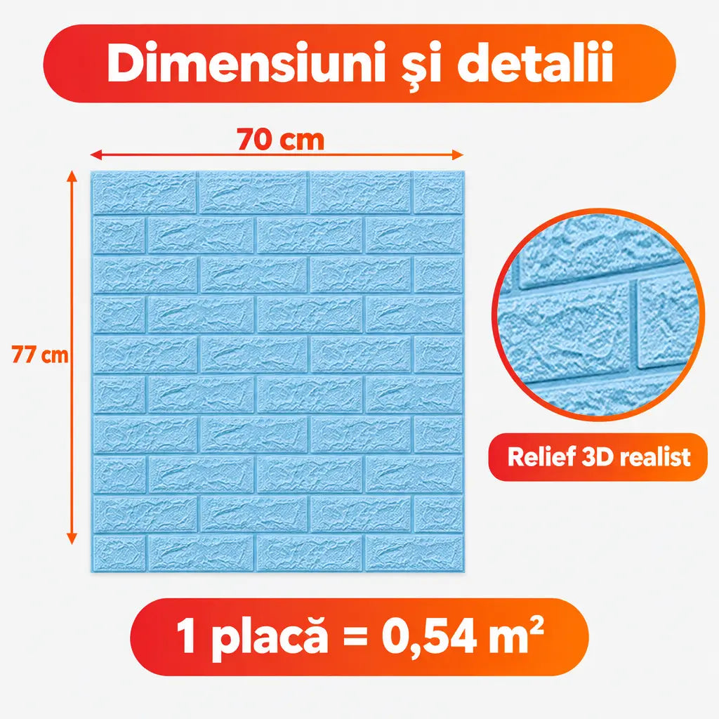 Dimensiuni placă tapet 3D albastru 70x77 cm, 0,54 m²