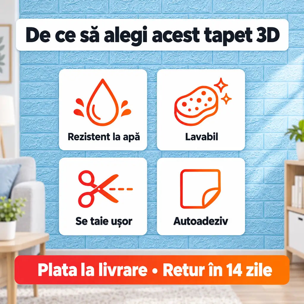 Beneficii tapet 3D albastru: rezistent la apă, lavabil, se taie ușor, autoadeziv