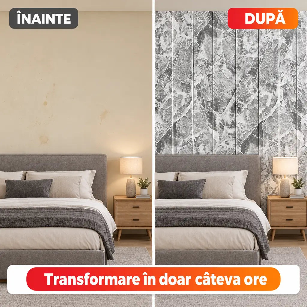 Înainte și după montaj tapet 3D marmură gri în dormitor