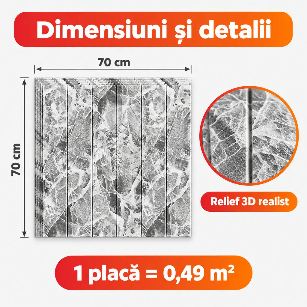 Dimensiuni placă tapet 3D marmură gri 70x70 cm, 0,49 m²