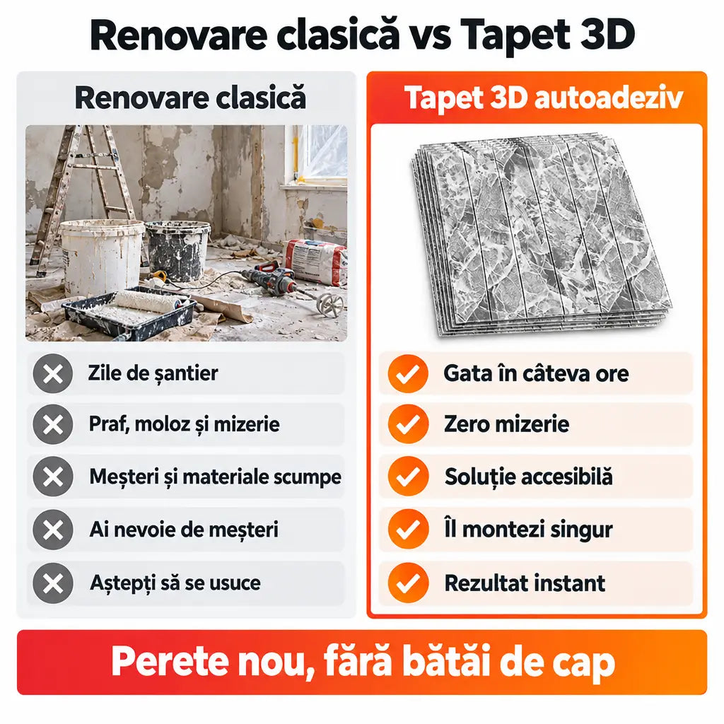 Renovare clasică vs tapet 3D autoadeziv marmură gri