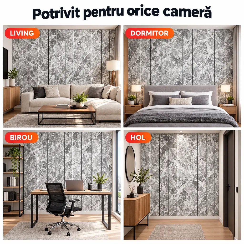 Tapet 3D marmură gri în living, dormitor, birou și hol