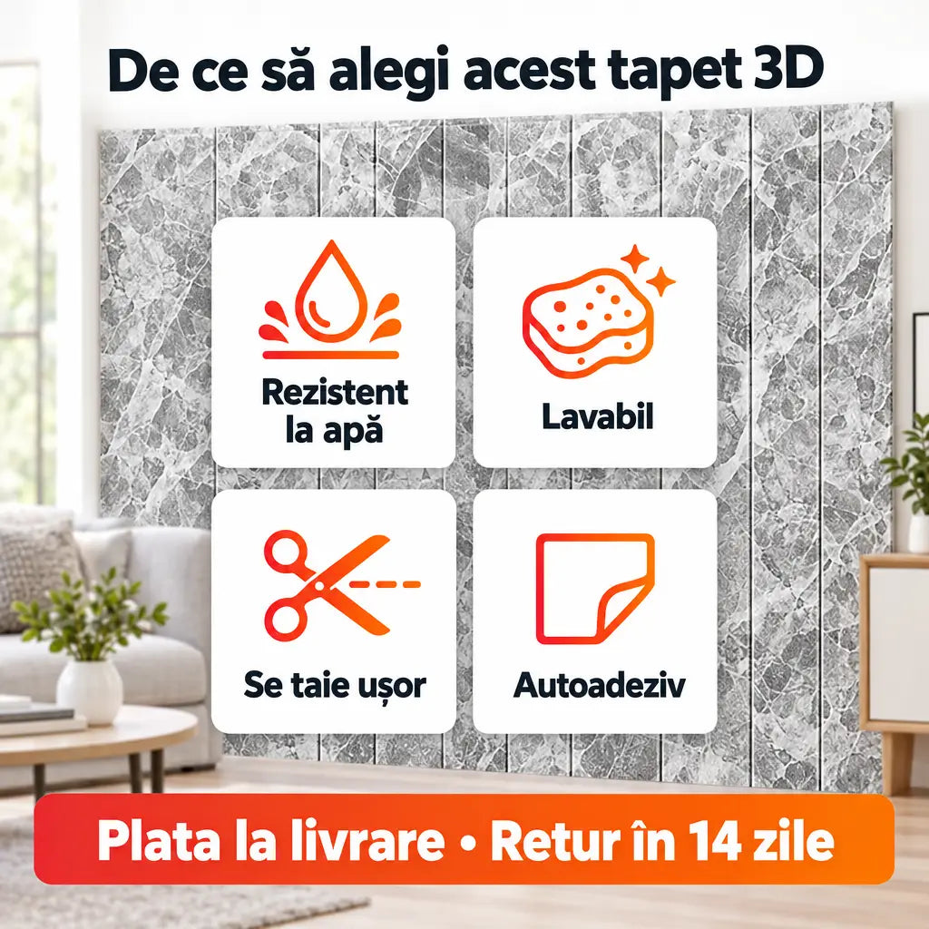 Beneficii tapet 3D marmură gri: rezistent la apă, lavabil, se taie ușor, autoadeziv