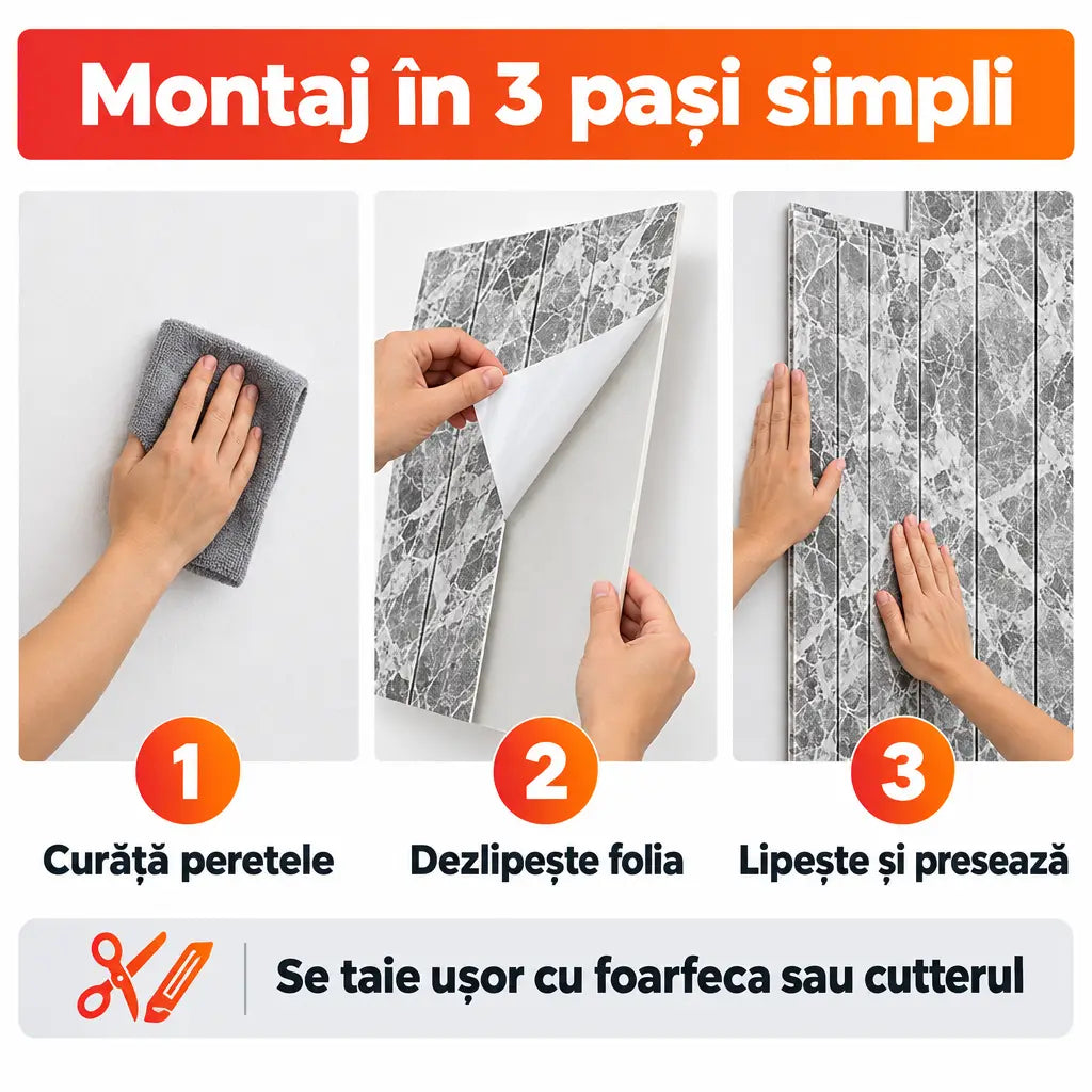 Montaj tapet 3D autoadeziv în 3 pași simpli