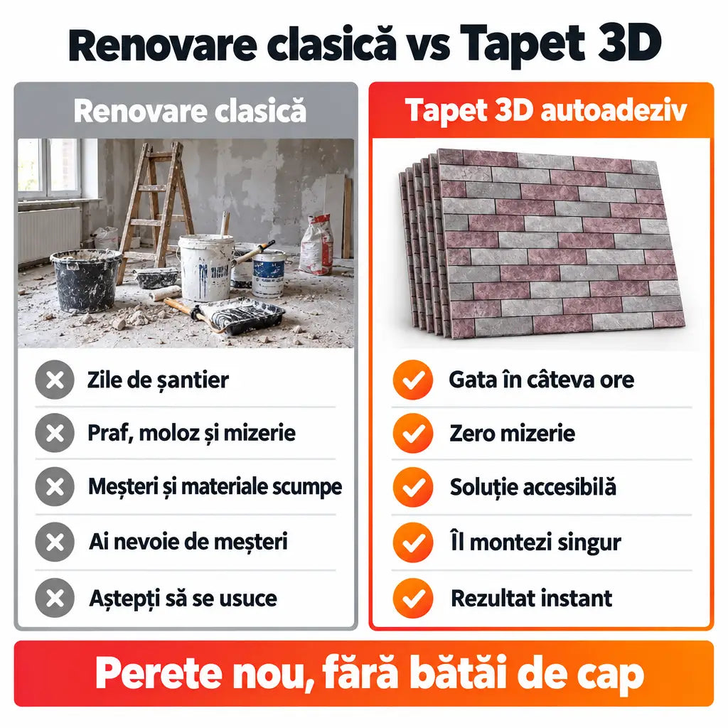 Renovare clasică vs tapet 3D autoadeziv gri violet