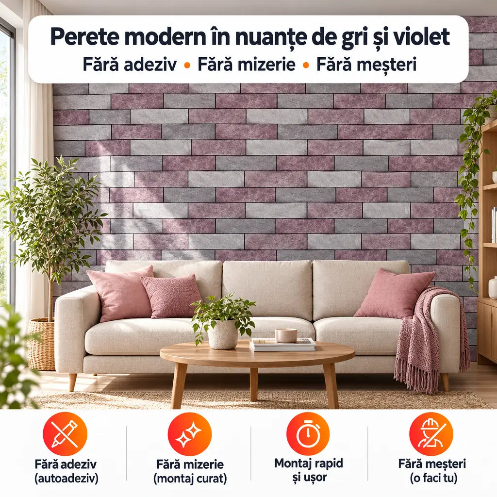 Tapet 3D autoadeziv cărămidă gri și violet în living modern