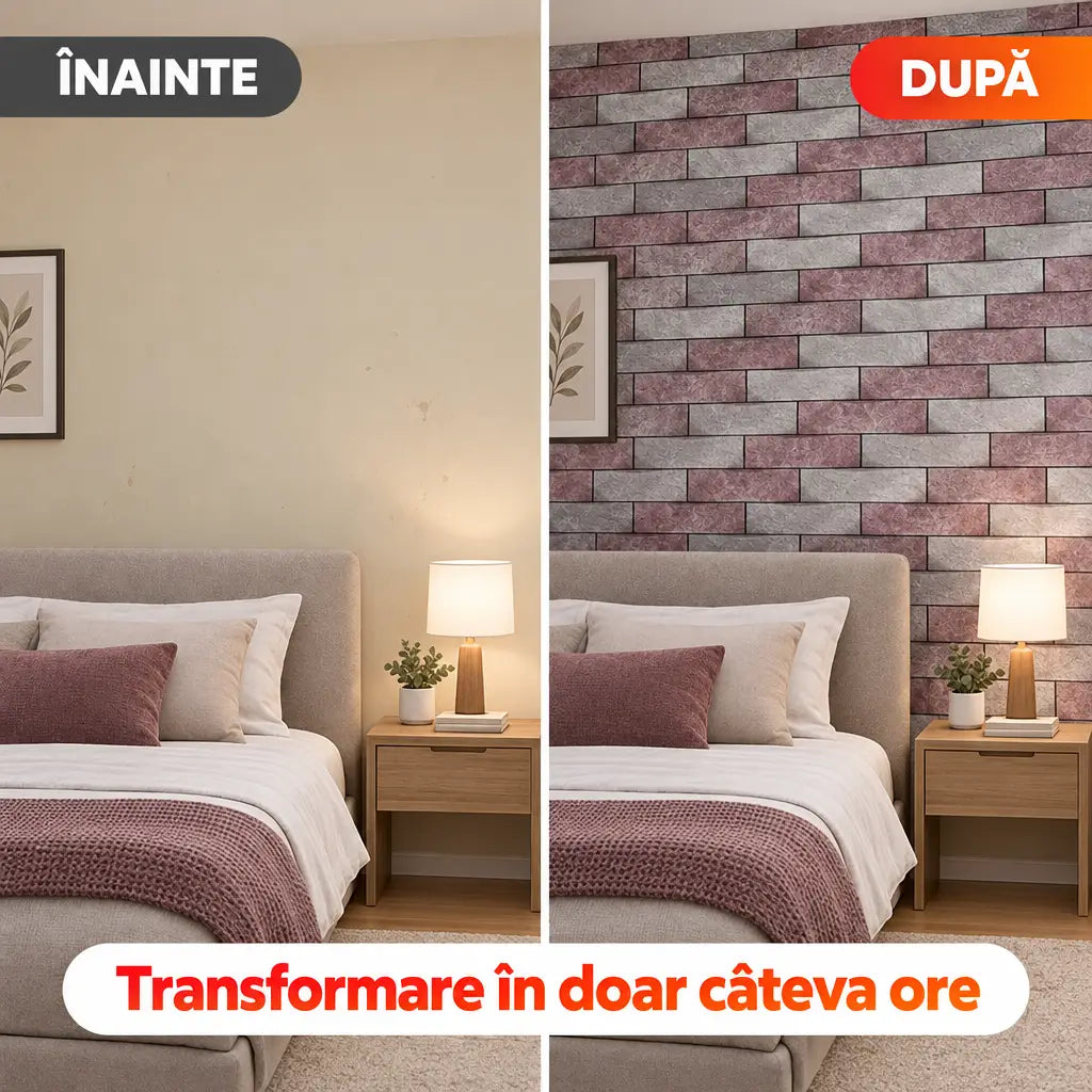 Înainte și după montaj tapet 3D cărămidă gri violet în dormitor