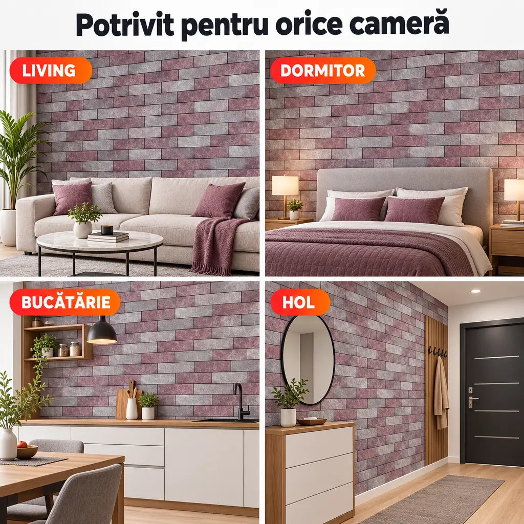 Tapet 3D cărămidă gri violet în living, dormitor, bucătărie și hol