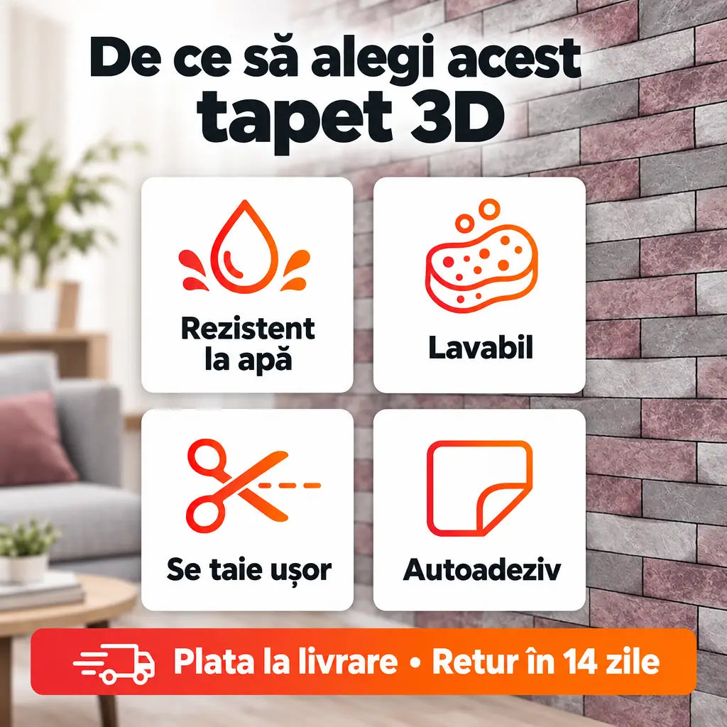 Beneficii tapet 3D gri violet: rezistent la apă, lavabil, se taie ușor, autoadeziv