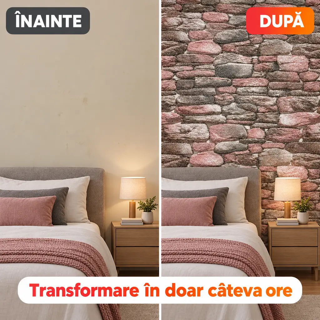 Înainte și după montaj tapet 3D piatră de râu în dormitor
