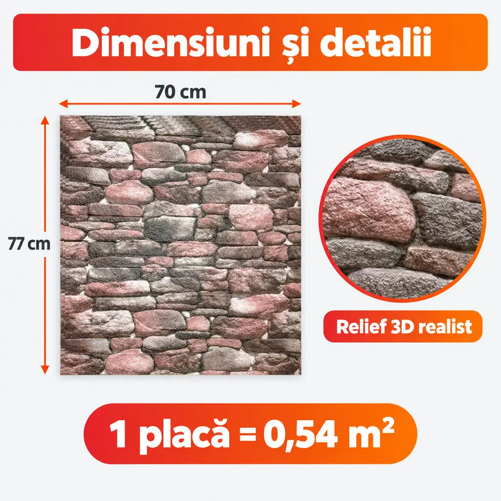 Dimensiuni placă tapet 3D piatră de râu 70x77 cm, 0,54 m²