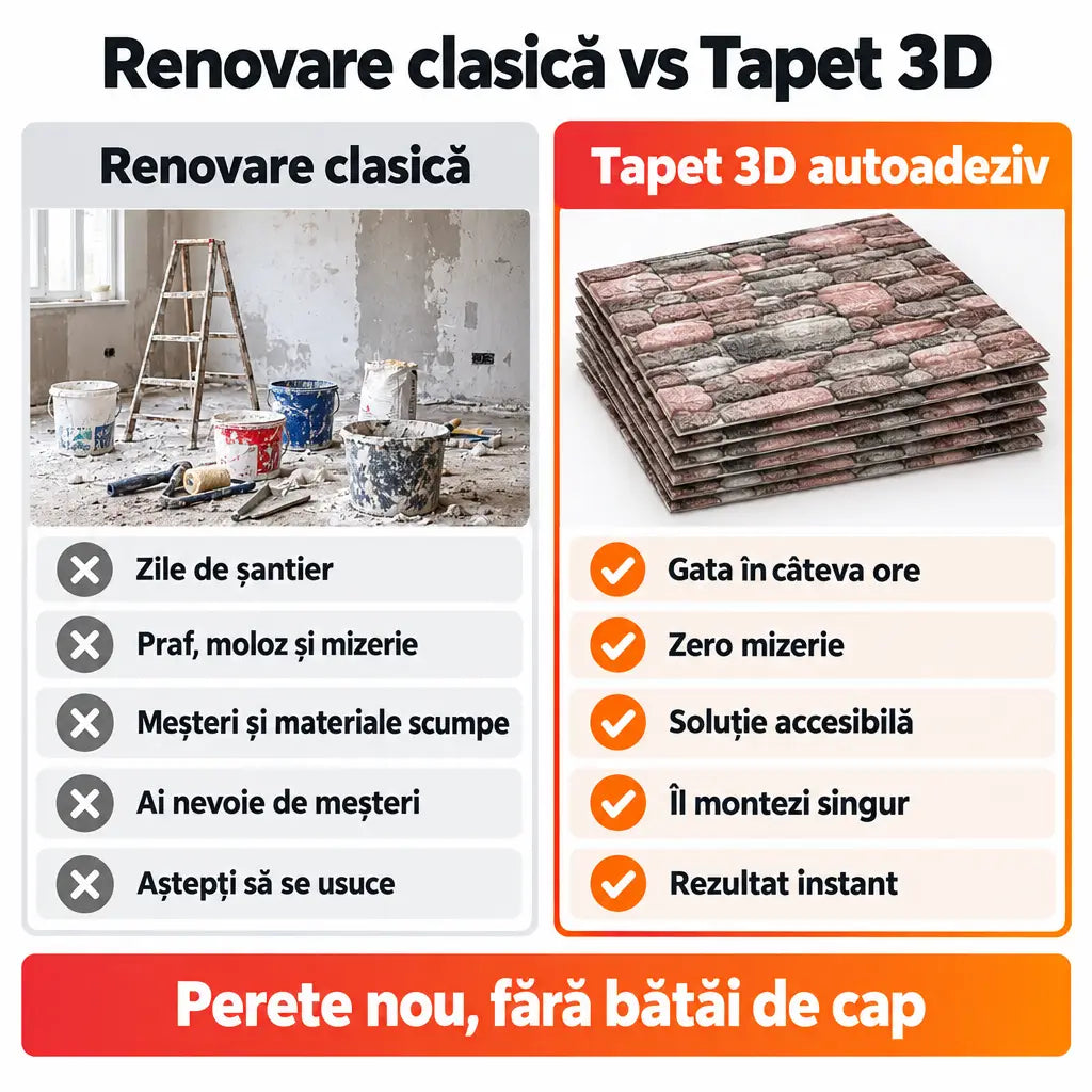 Renovare clasică vs tapet 3D autoadeziv piatră de râu