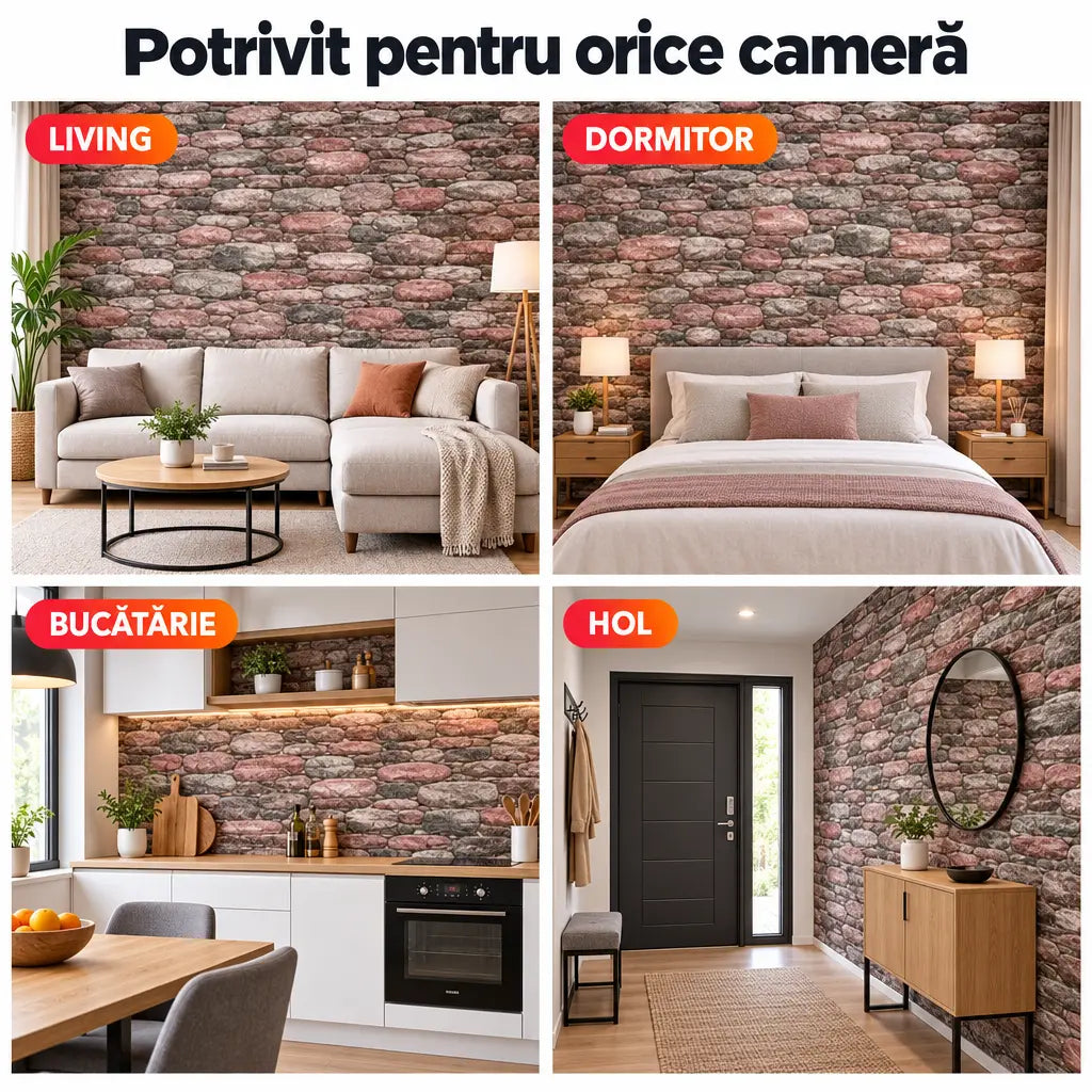 Tapet 3D piatră de râu în living, dormitor, bucătărie și hol