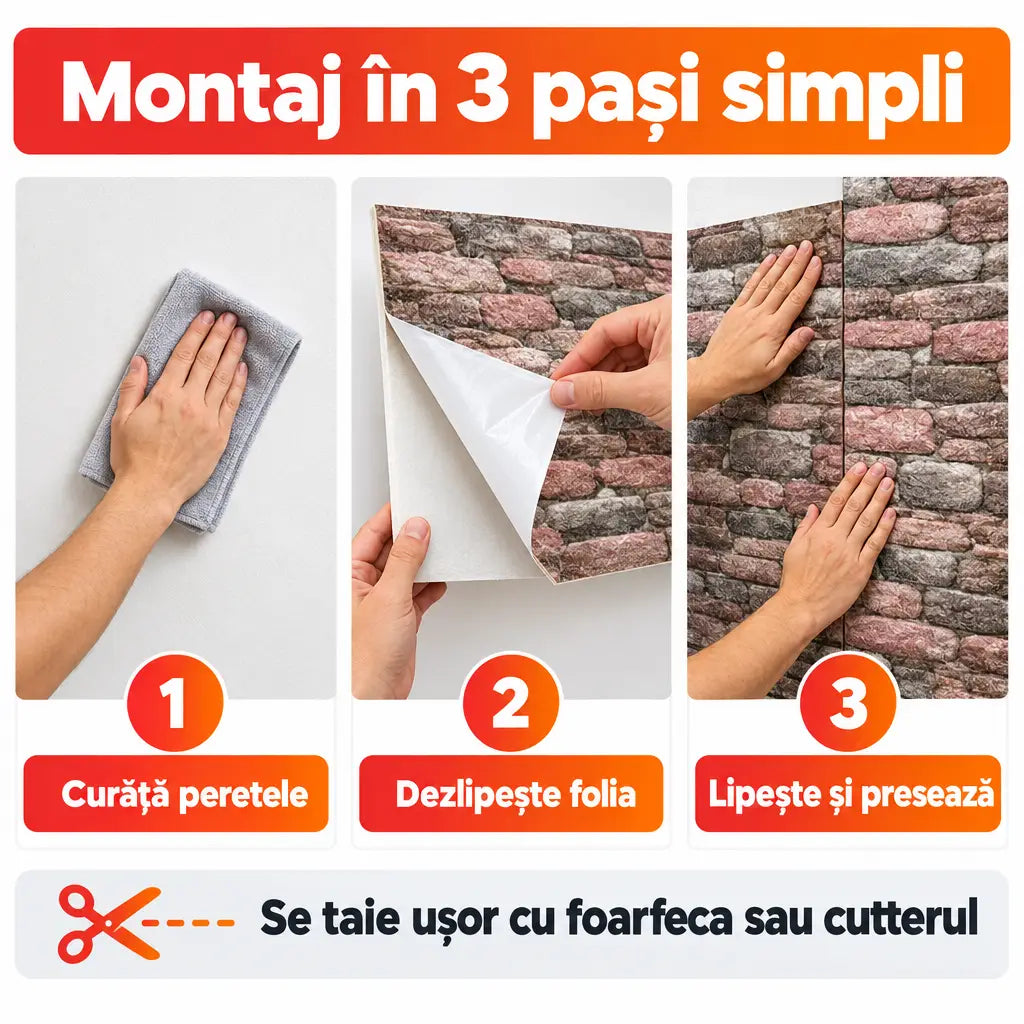 Montaj tapet 3D autoadeziv în 3 pași simpli