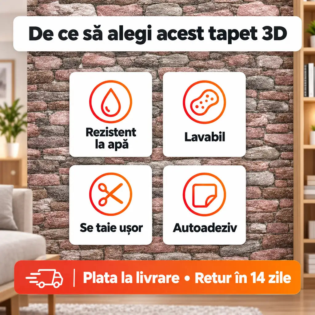 Beneficii tapet 3D piatră de râu: rezistent la apă, lavabil, se taie ușor, autoadeziv