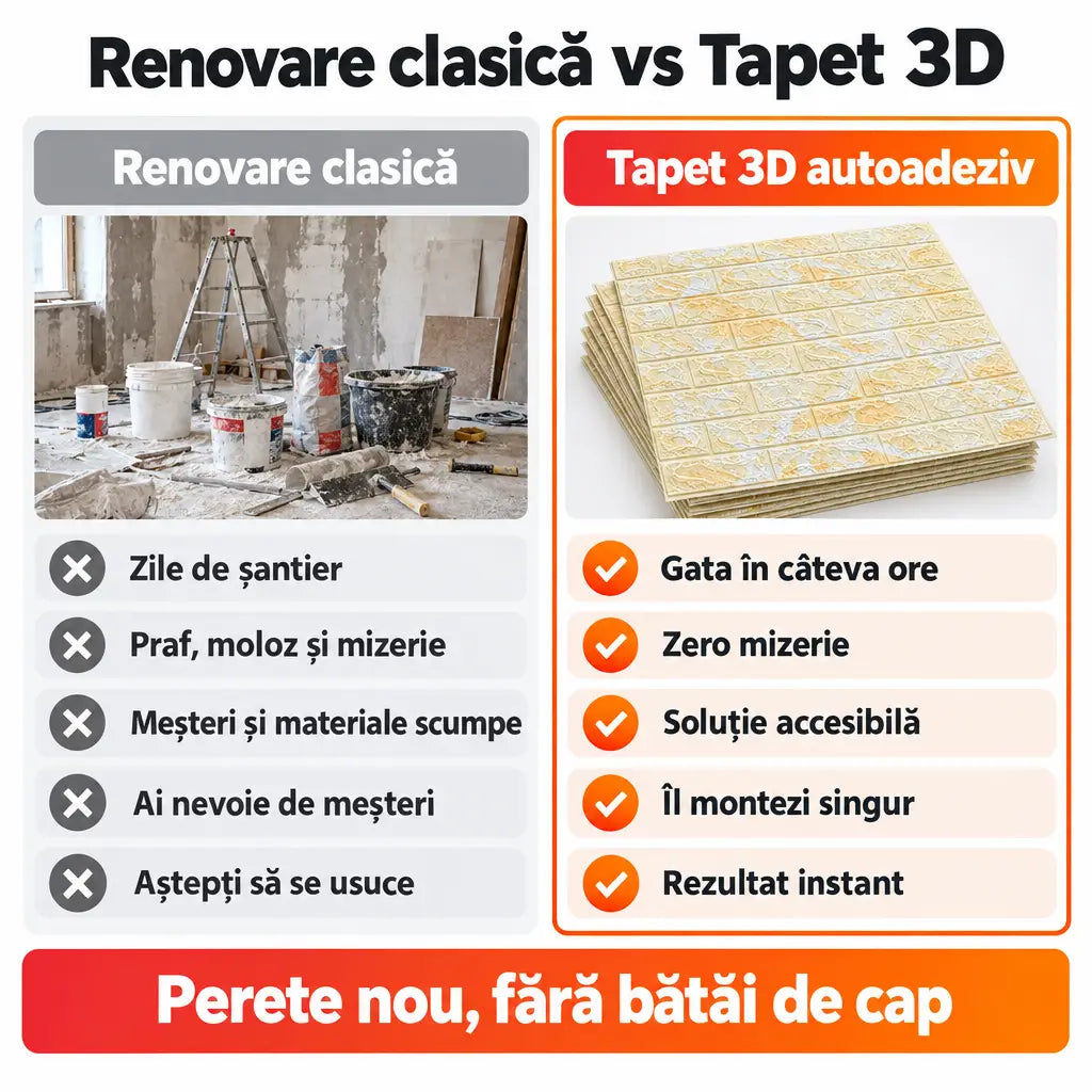 Renovare clasică vs tapet 3D autoadeziv galben