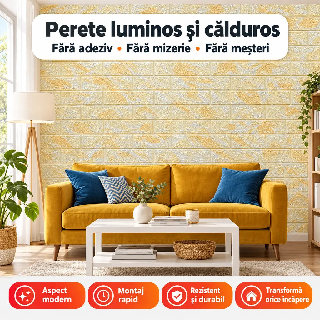 Tapet 3D autoadeziv imitație piatră galben în living
