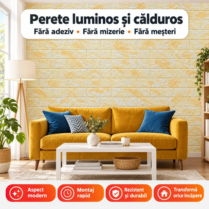 Tapet 3D Autoadeziv Imitație Piatră, Galben – imagine 3
