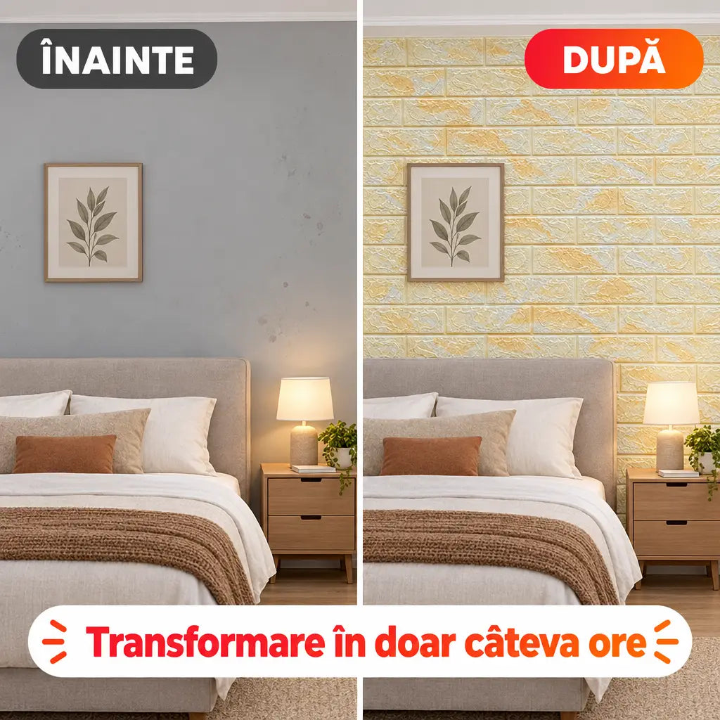 Înainte și după montaj tapet 3D piatră galben în dormitor
