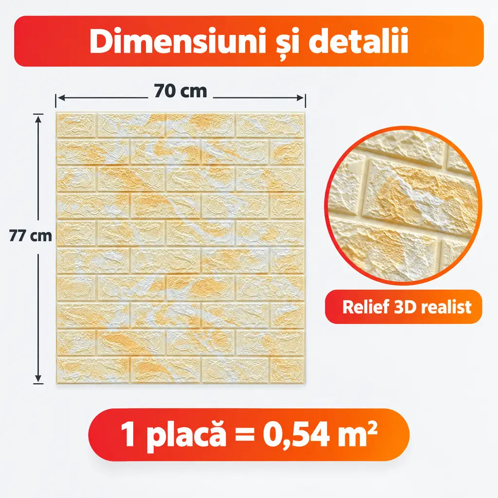 Dimensiuni placă tapet 3D galben 70x77 cm, 0,54 m²