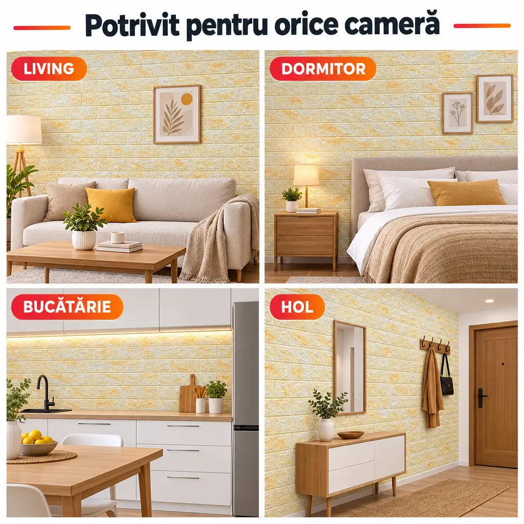 Tapet 3D piatră galben în living, dormitor, bucătărie și hol