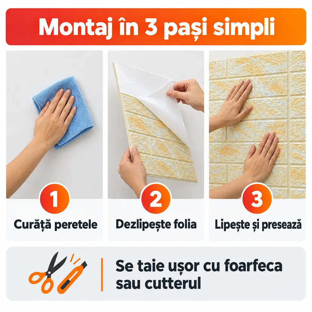 Montaj tapet 3D autoadeziv în 3 pași simpli