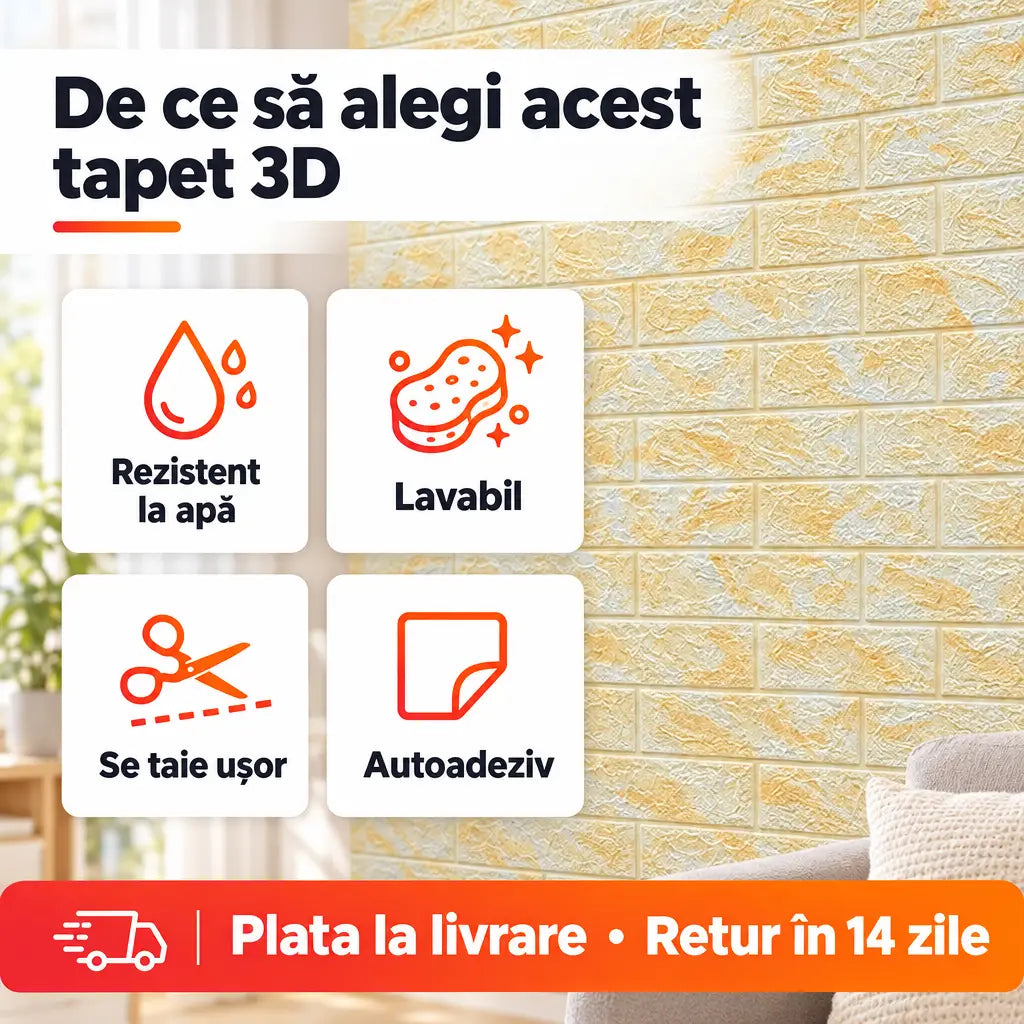 Beneficii tapet 3D galben: rezistent la apă, lavabil, se taie ușor, autoadeziv