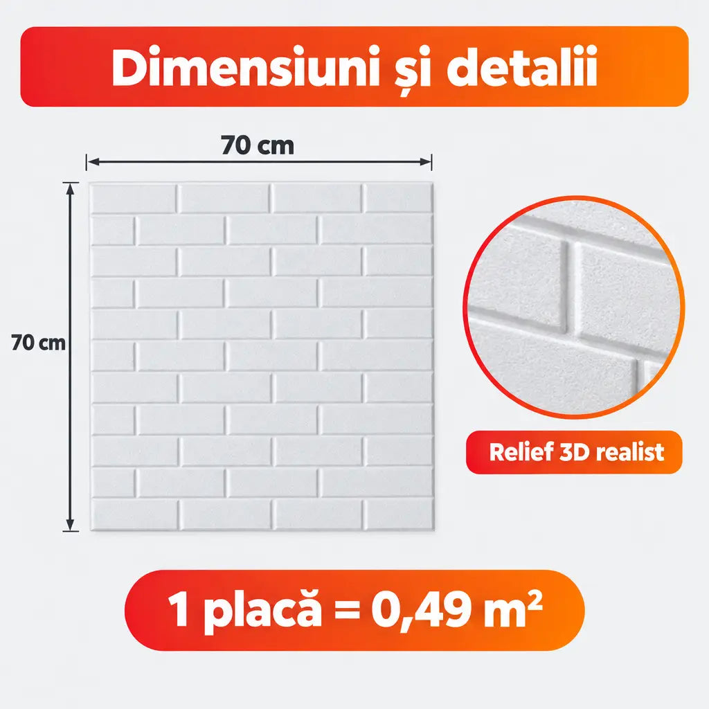 Dimensiuni placă tapet 3D alb 70x70 cm, 0,49 m²