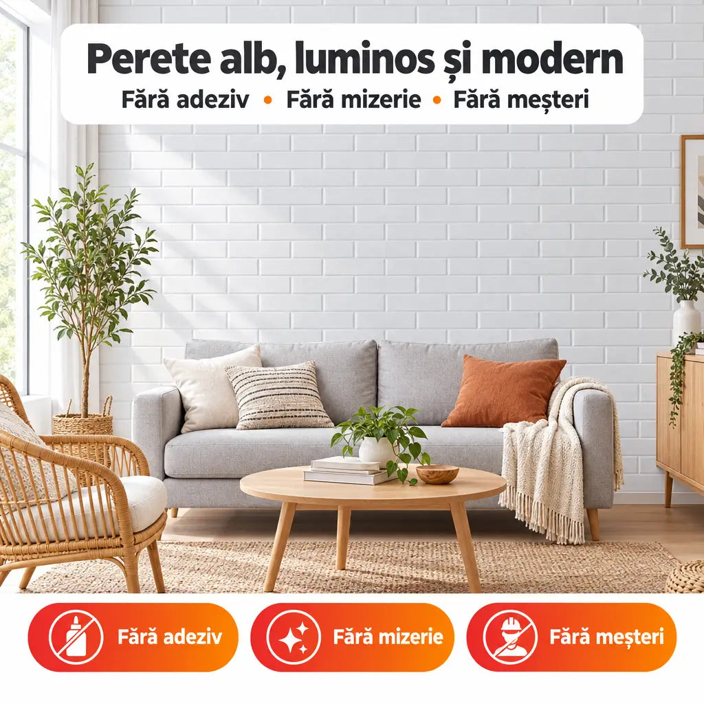 Tapet 3D autoadeziv cărămidă albă în living scandinav
