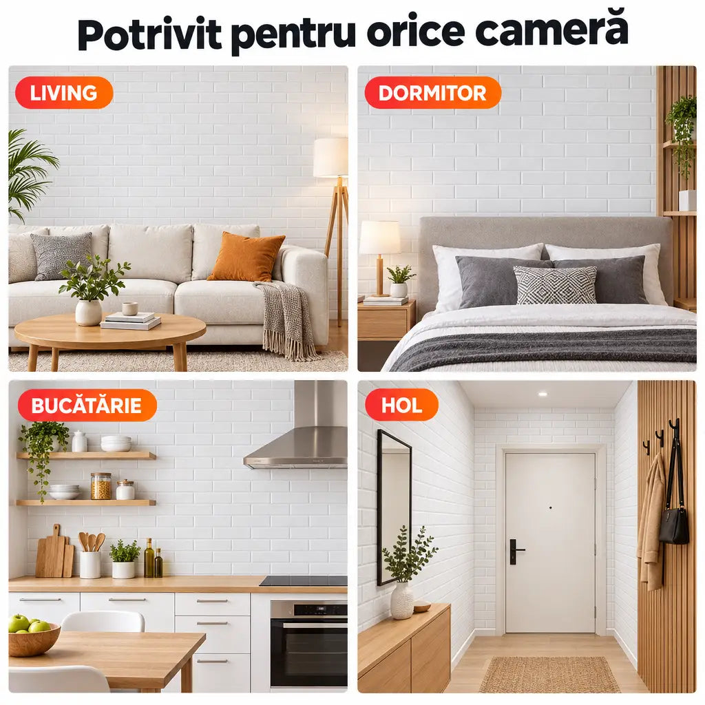 Tapet 3D cărămidă albă în living, dormitor, bucătărie și hol