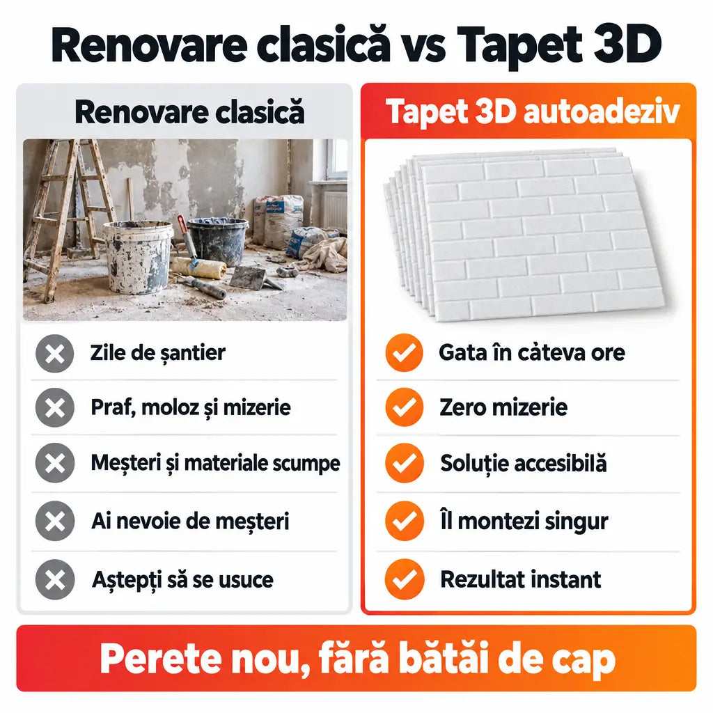 Renovare clasică vs tapet 3D autoadeziv alb