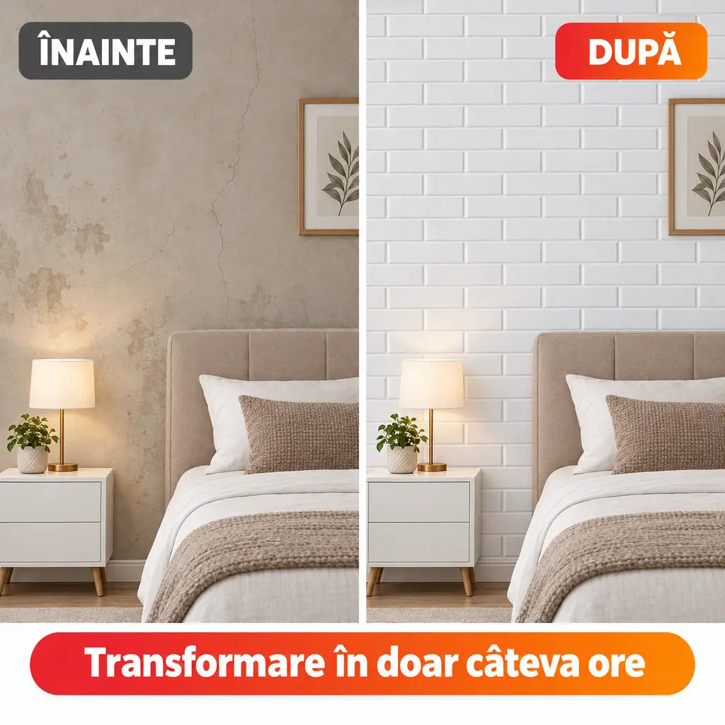 Înainte și după montaj tapet 3D cărămidă albă în dormitor
