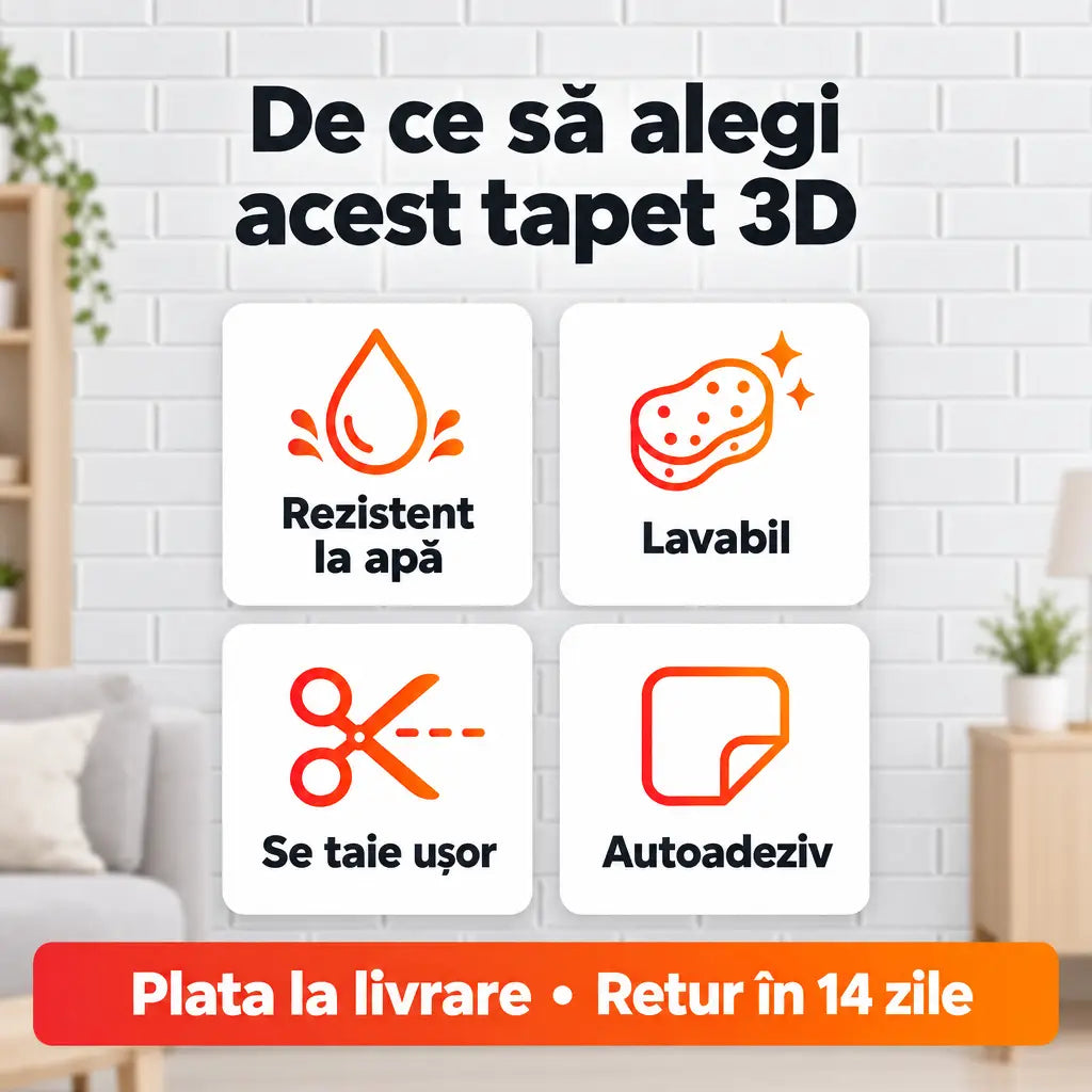 Beneficii tapet 3D alb: rezistent la apă, lavabil, se taie ușor, autoadeziv