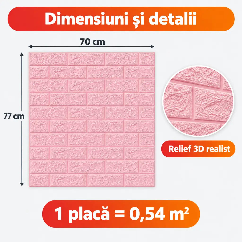 Dimensiuni placă tapet 3D roz 70x77 cm, 0,54 m²