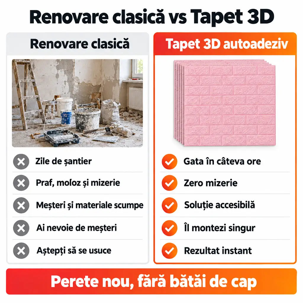 Renovare clasică vs tapet 3D autoadeziv roz