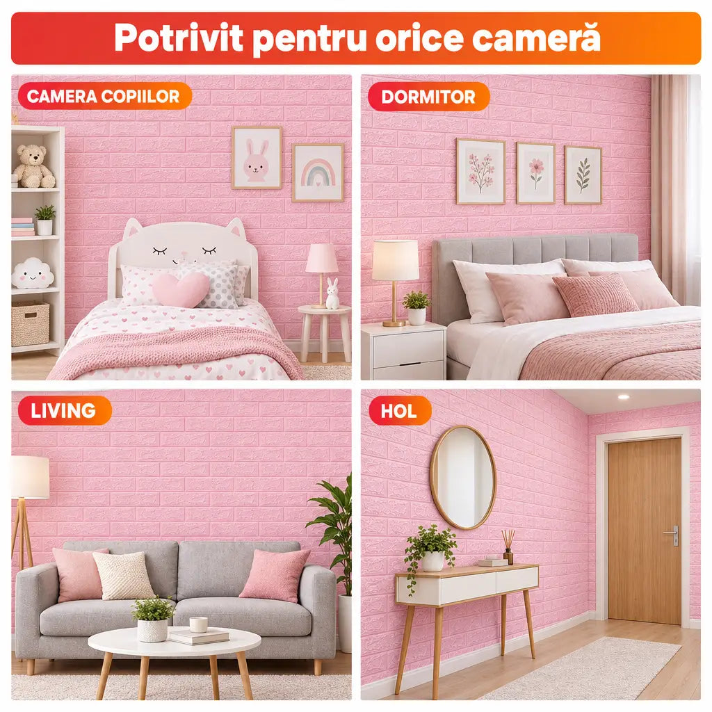 Tapet 3D cărămidă roz în camera copiilor, dormitor, living și hol