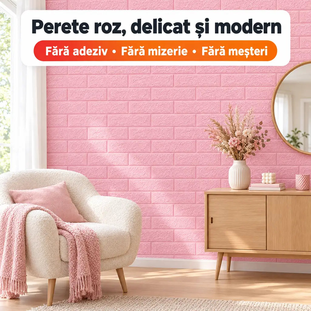 Tapet 3D autoadeziv cărămidă roz în interior modern