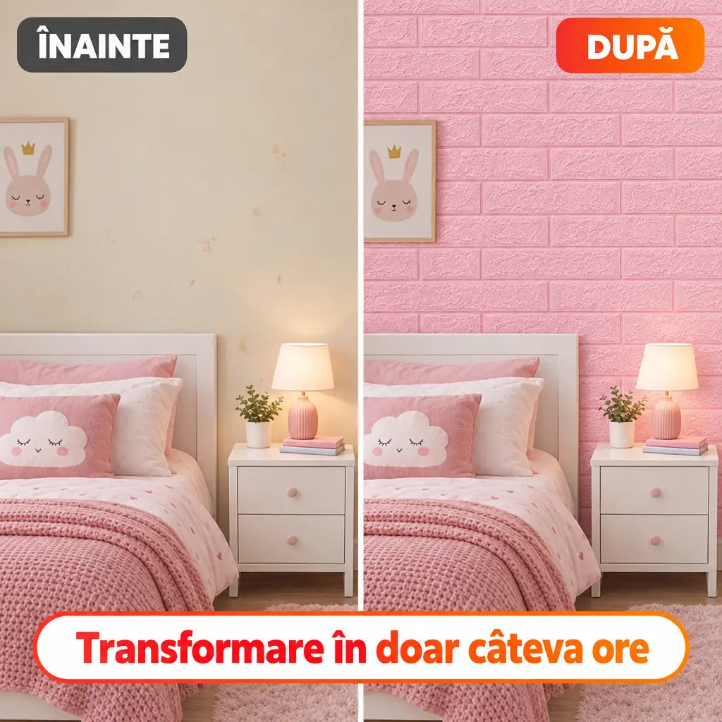 Înainte și după montaj tapet 3D cărămidă roz în dormitor