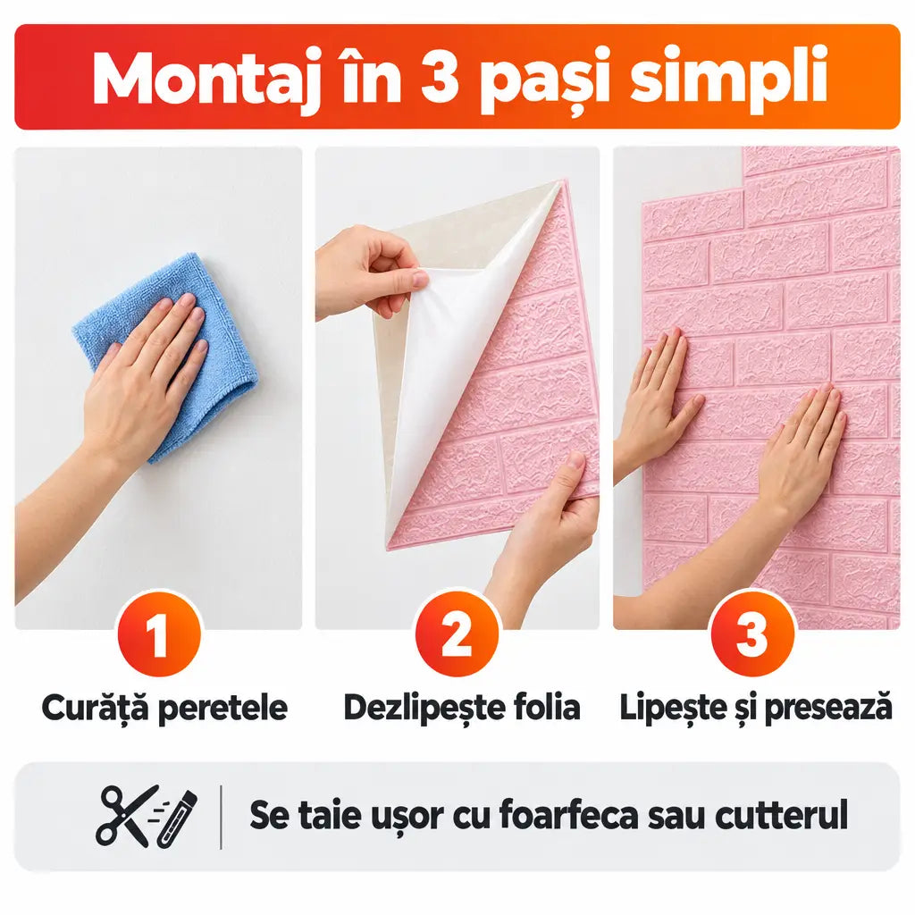 Montaj tapet 3D autoadeziv în 3 pași simpli