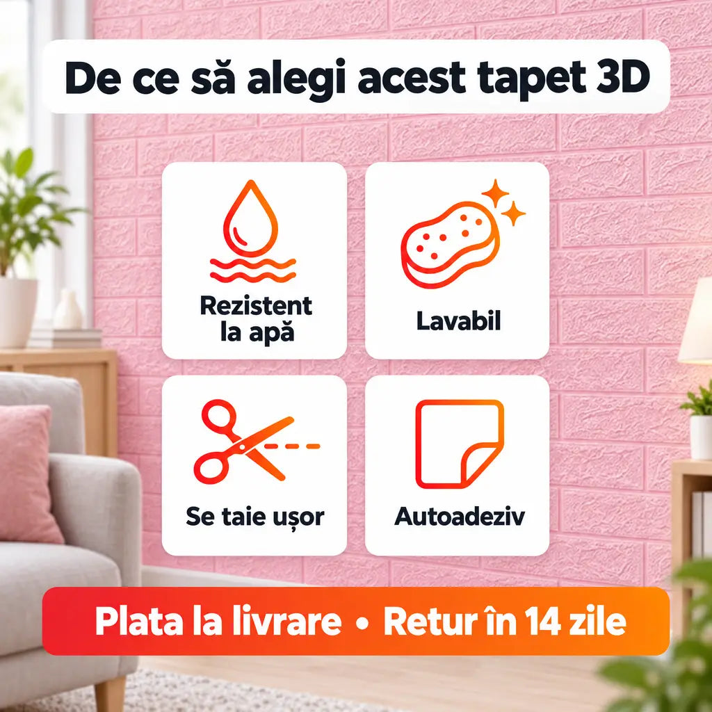 Beneficii tapet 3D roz: rezistent la apă, lavabil, se taie ușor, autoadeziv