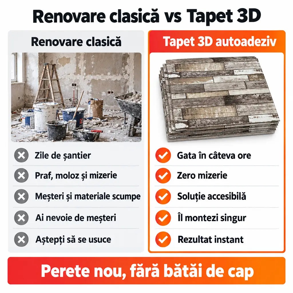Renovare clasică vs tapet 3D autoadeziv lemn maro